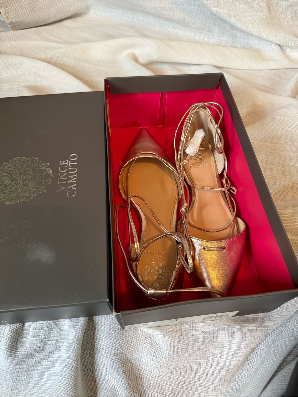Vince Camuto Metallic Rose Gold Pointed D'Orsay Flats with Ankle Straps